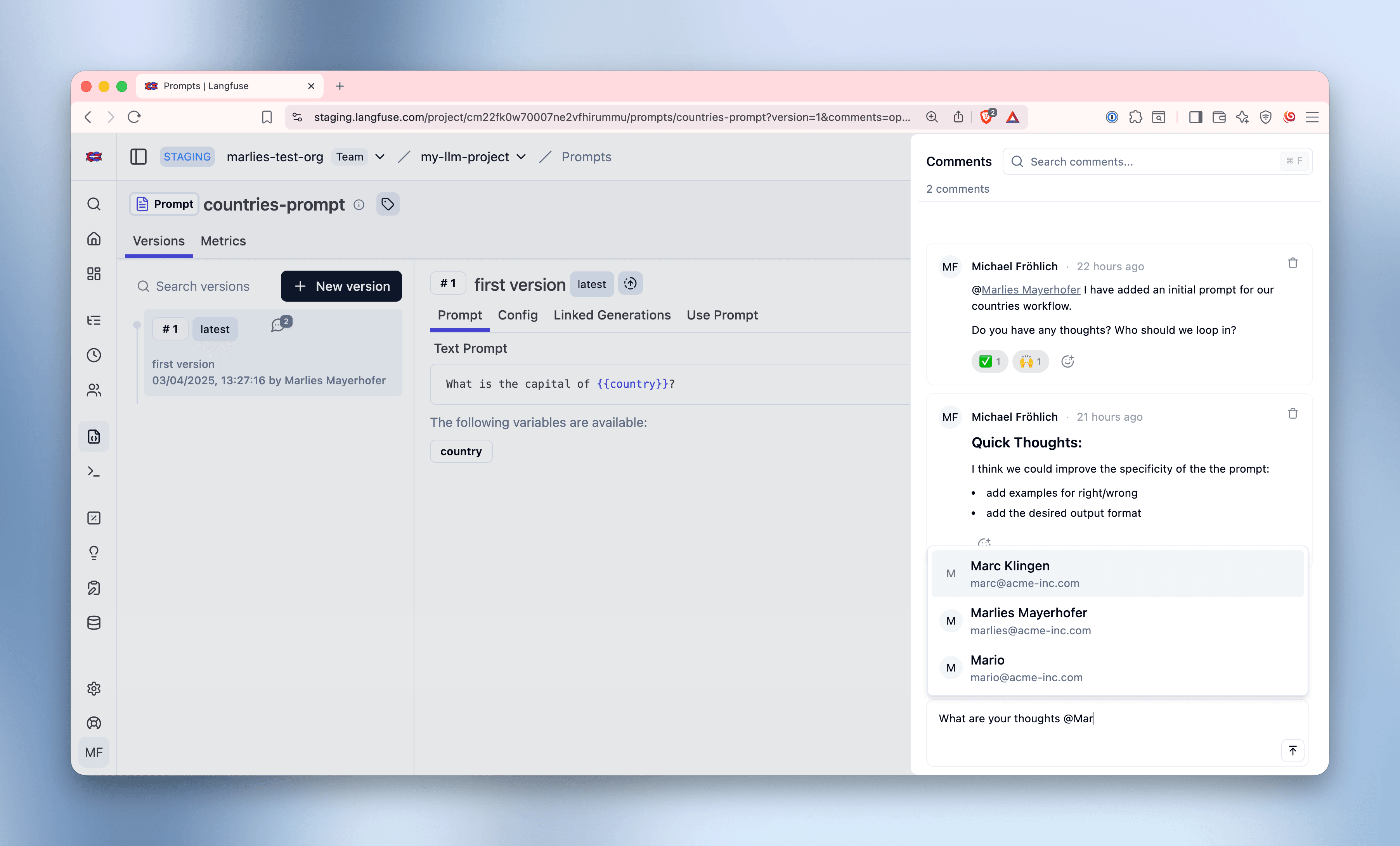 Comments with @mentions and reactions